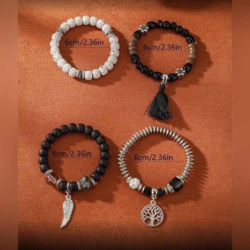 ✨NEW Bohemian Black and Silver Beaded Bracelet Set